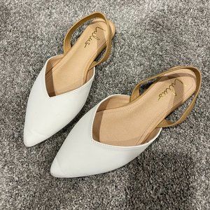 Lulus Mae White and Nude Pointed-Toe Slingback Flats, size 9
